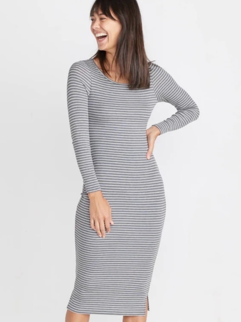 NWT MARINE LAYER Lexi Ribbed Midi Dress Heather Gray and White Sz. Medium